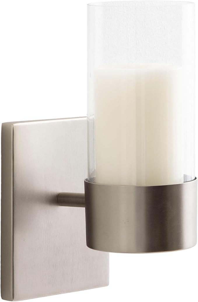 Kate and Laurel Zabler Modern Metal Wall Sconce, 5 x 6 x 10, Antique Nickel, Round Candle Holder with Removable Glass Cylinder for Flameless Candle Display in Bedroom or Bathroom