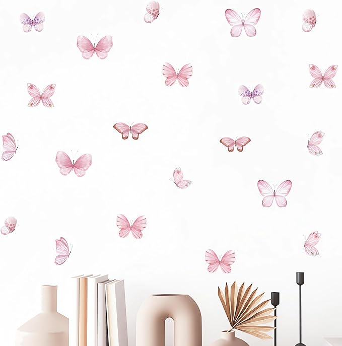 6 Sheets 36 Pcs Pink Butterfly Wall Stickers, sacinora DIY Watercolor Art Wall Decals Removable Vinyl Peel and Stick for Kids Baby Nursery Living Room Bedroom Playroom Sofa TV Background Decorations