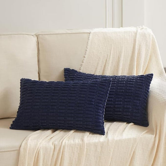 Fancy Homi Pack of 2 Navy Blue Lumbar Decorative Throw Pillow Covers 12x24 Inch for Living Room Couch Bedroom, Soft Corduroy Rectangle Solid Cushion Case 30x60 cm, Rustic Farmhouse Boho Home Decor