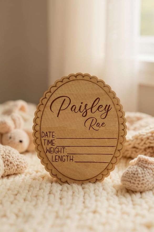 Personalized Engraved Scallop Edge Baby Stat Sign, Birth Announcement Plaque, Baby Shower - Newborn Keepsake (Stat Sign)