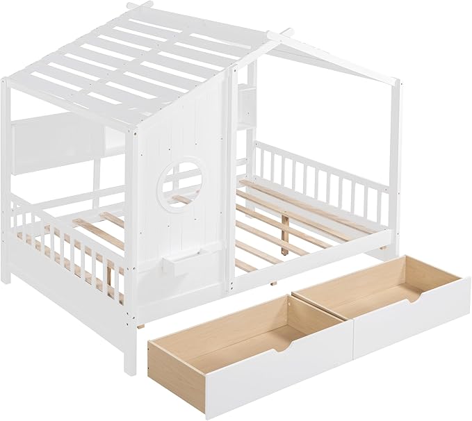 MERITLINE Full Size Kids House Bed with 2 Drawers and Storage Shelf, Wooden Kids Montessori Bed Frame (White)