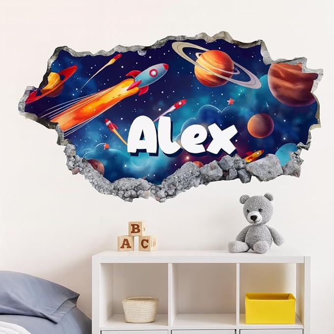 Personalized Space 3D Wall Hole Decal for Kids Room – Custom Name Rocket Galaxy Planet Wall Sticker for Boys Bedroom – Outer Space Themed Wall Art for Nursery Playroom – Removable Vinyl Decor