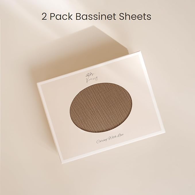 Konssy 2 Pack Muslin Bassinet Sheets for Baby Boy, 100% Cotton Soft Breathable Bassinet Mattress Sheets Fit for Hourglass Oval Cradle Rectangle Mattress (Brown,Summer Wheat)