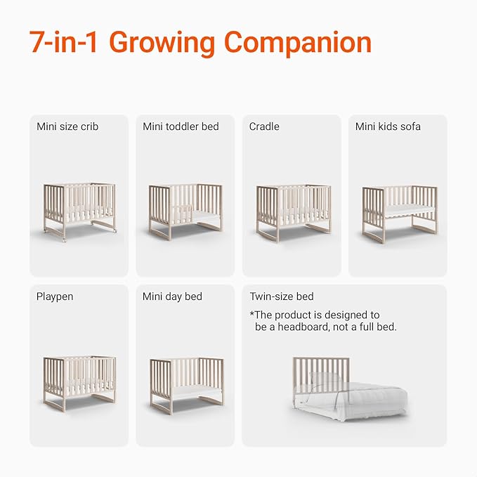 MAMAZING EvoNook 6-in-1 Convertible Mini Crib, 100% New Zealand Wood, 4 Adjustable Mattress Heights, Crib with Mattress,GREENGUARD Gold Certified, Washed Natural