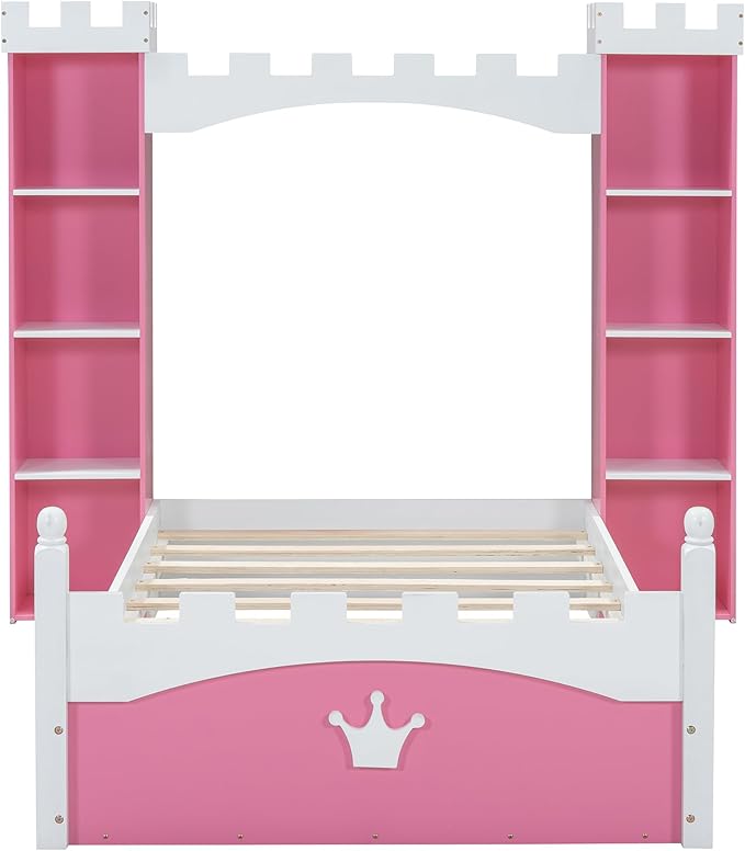 Castle-Shaped Wooden Platform Bed with Storage Shelf, Dreamy Twin Size Kids Platform Bed for Girls Boys Bedroom, Sturdy Slats Support (Pink+White Castle)