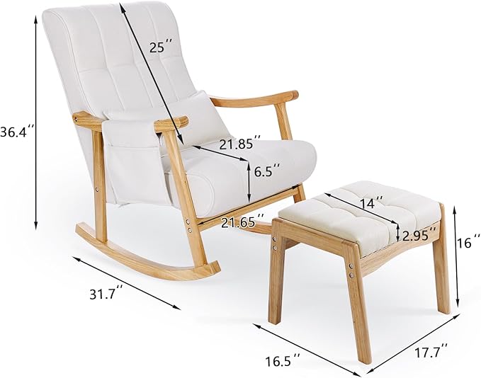 NOBLEMOOD Rocking Chair Indoor with Ottoman, Nursery Rocking Chair with Lumbar Pillow, High Back Upholstered Solid Wood Frame Rocker for Living Room