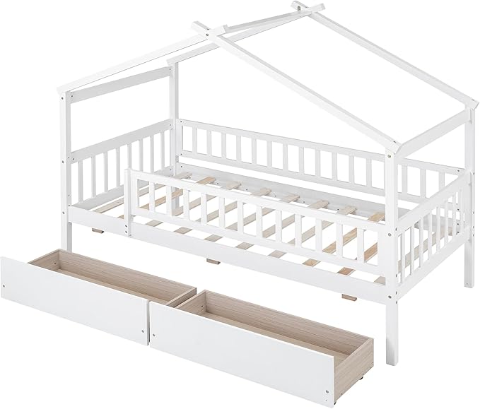 Merax Twin Size Wooden House Bed with Two Drawers, Wood Bed Frame with Roof and Safety Guardrail for Kids, Teens, Boys or Girls, White