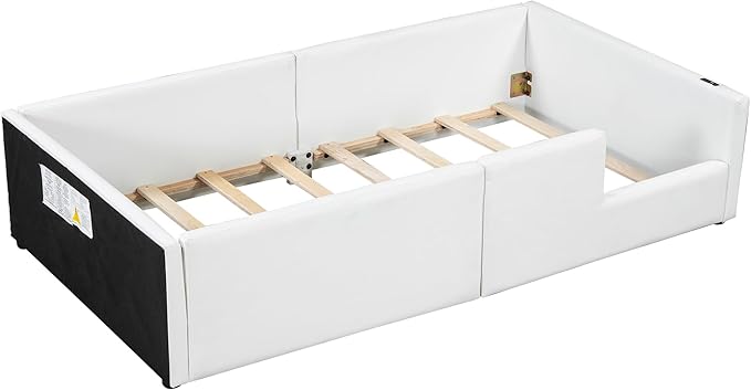 Twin Size Upholstered Platform Bed with Safety Guardrail, Montessori Kids Floor Bed, Child Grounded Bed with Charging Station and Sturdy Slats Support
