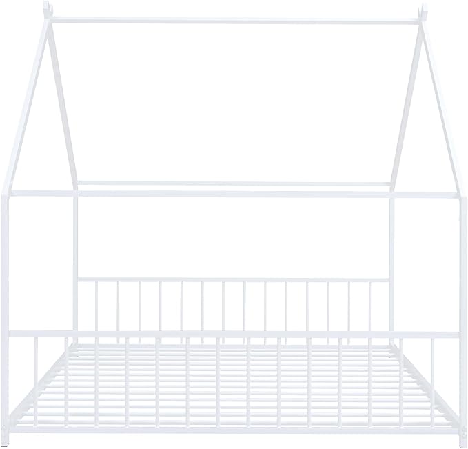 Full Size House Shaped Montessori Platform Beds, Wood Floor Bed Frame with Roof and Fence Deisgn, Kids Double Toddler Bed for Children Boys Girls, Easy Assemble, No Box Spring Needed, White