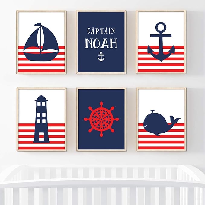 Andaz Press Personalized Ocean Nautical Sailor Theme Nursery Kids Bedroom Hanging Wall Art Decor, 8.5x11-inch, Red Stripes, Boat, Anchor, Lighthouse, 6-Pack, Custom Unframed Room Poster