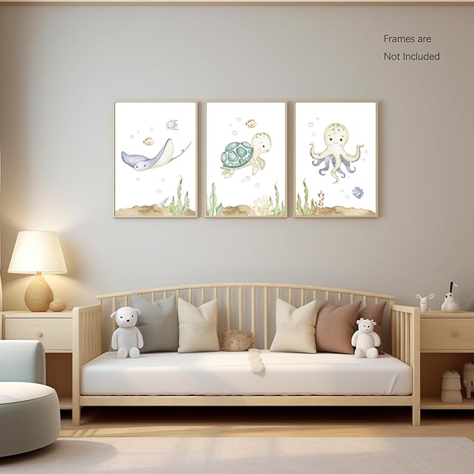 Wodkwq Nursery Wall Art Sea Animal Canvas Prints Baby Girl Boy Room Decor Watercolor Paintings Pictures Cute Ocean Theme Toddler Room Decoration Set of 3 for Kids Bedroom Bathroom 12x16in Unframed