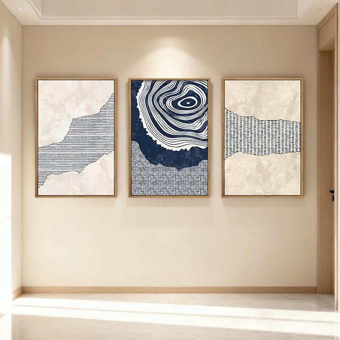 Anyzal Large Navy Blue Tree Rings Wall Art Framed Modern Abstract Neutral Paintings Artwork for Living Room Bedroom Office 16x24 Inch Set of 3