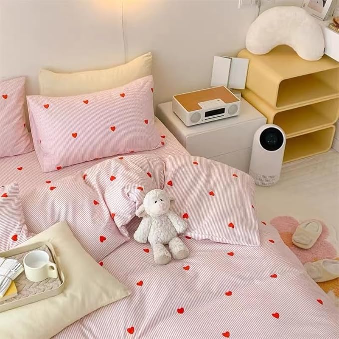 Pink Striped Duvet Cover Queen Size Cute Red Heart Bedding Set 3 Pcs Kids Girls Kawaii Stripes Heart-Shaped Soft Breathable Microfiber Reversible Comforter Cover with Zipper Closure