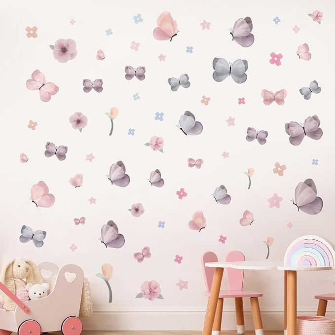 Watercolor Butterfly Wall Decals and Flower Wall Decor - 70 PCS Removable Peel and Stick Wall Stickers for Girls Room, Nursery, Kids Bedroom, Home Art Decals