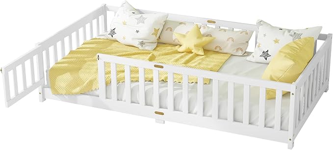 Twin Size Floor Bed for Kids, Wood Montessori Floor Beds with Fence Railings, Door & Slats Support, Twin Playhouse Bed Frame for Boys Girls, No Box Spring Needed, White
