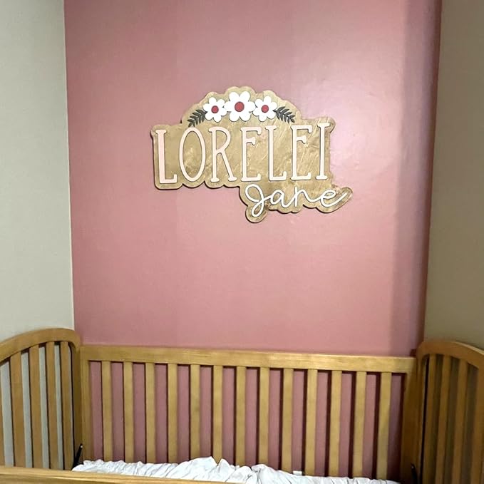Personalized Nursery Name Sign, Custom Wooden Name Sign with Flowers, 3D Layered Wood Wall Decor for Baby Girl Room, Boho Floral Kids Room Name Plaque, 2 Layer /4