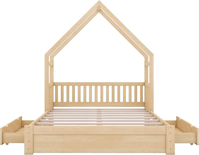 SOFTSEA Queen Size House Platform Bed with Drawers, Queen Floor Bed with Storage Drawers, Wood House Bed Frame with Guardrails and Roof, No Box Spring Needed, Natural