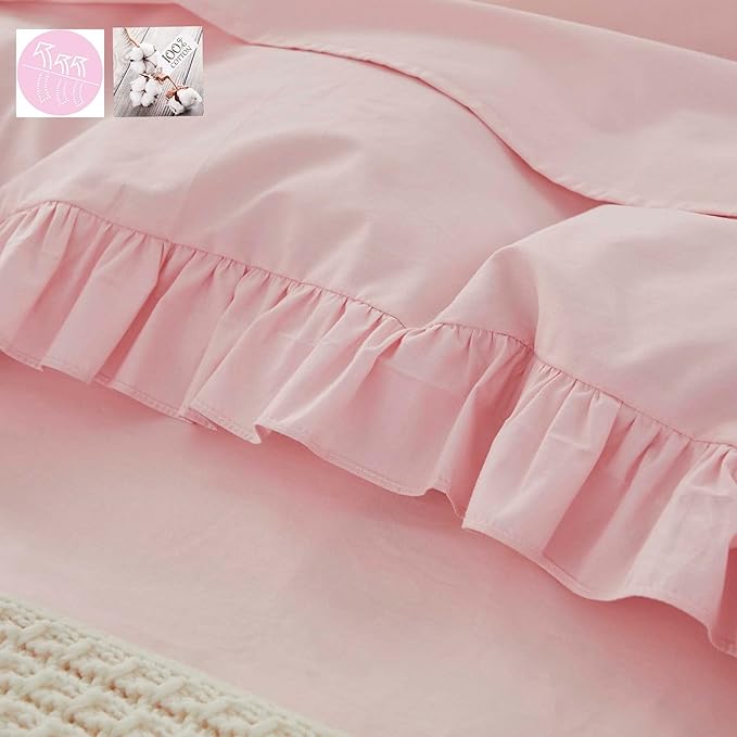 Brandream Kid's Duvet Cover Twin/Twin XL Size,100% Organic Cotton 2pcs Girl Bedding Duvet Cover Set, Ruffled Fringe Solid Color Breathable Soft with Zipper Closure & Corner Ties(Pink)