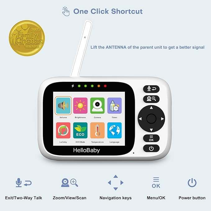 HelloBaby Baby Monitor with Camera and Audio, 3.2'' IPS Screen, No WiFi, 2-Way Talk, Night Vision, Remote Pan-Tilt-Zoom, VOX/ECO Mode, 8 Lullabies, 1000ft Range, Temperature Display, HB6339