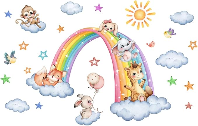 Colorful Rainbow Animals Wall Stickers Vinyl Cute Animal Cloud Wall Decals DIY Removable Decor for Kids Room Nursery Home Classroom Walls (35.43inch x 11.81inch)