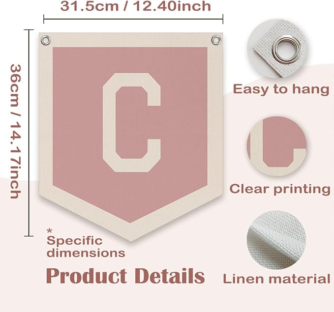 Lacama Baby Shower Decor Gifts, Pink Initial Personalized Preppy Banner, Baby Girl Nursery Decor, Initial Pennant，Vintage Room Decor Toddler Room Bedroom Playroom Front Door Birthday Gift(C)