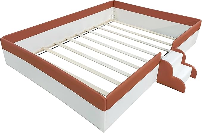 King Size Upholstered Daybed Frame with Fence and Stairs, Montessori Kids Floor Bed with Sturdy Slat Support for Kids Boys Girls (Brown+King)