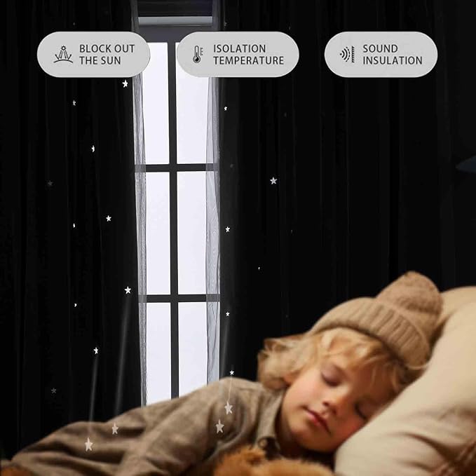 Anytime Romantic Kids Curtain,Hollow-Out Stars Window Curtain Double Layer Blackout Curtains for Girls Bedroom Kids Room 2Panel,(W52 x L84,Black)