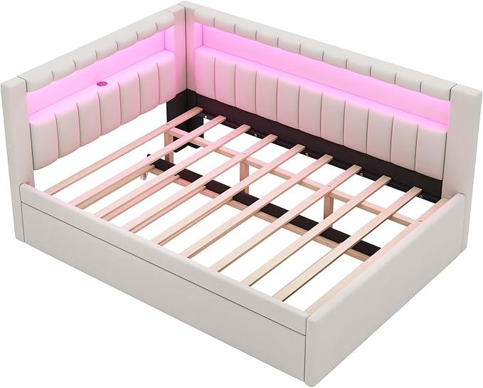 Full Size Soft Daybed with Trundle, Storage Shelves and LED Belt, Linen Upholstered Corner Bed with L-Shaped Bookshelf Headboard and USB Charger for Kids Boys Girls, White
