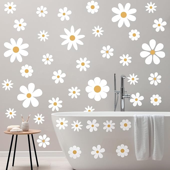 TaoBary 12 Sheets Daisy Wall Decal Flower Wall Sticker Cute Daisy Sticker Pink White Flower Decal Peel and Stick Floral Wallpaper for Nursery Bedroom Home Decor(White, Yellow,Classic Style)