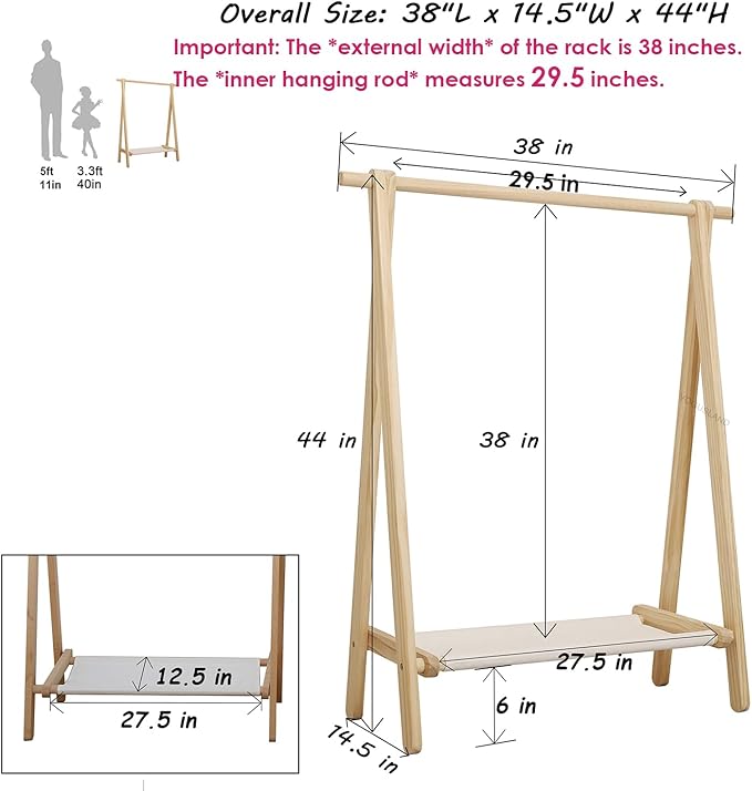 Dress up Rack, Child Garment Rack, Kids Clothing Rack with Storage Shelf (Natural Pine, 38" L x 14.5" W x 43.7" H)