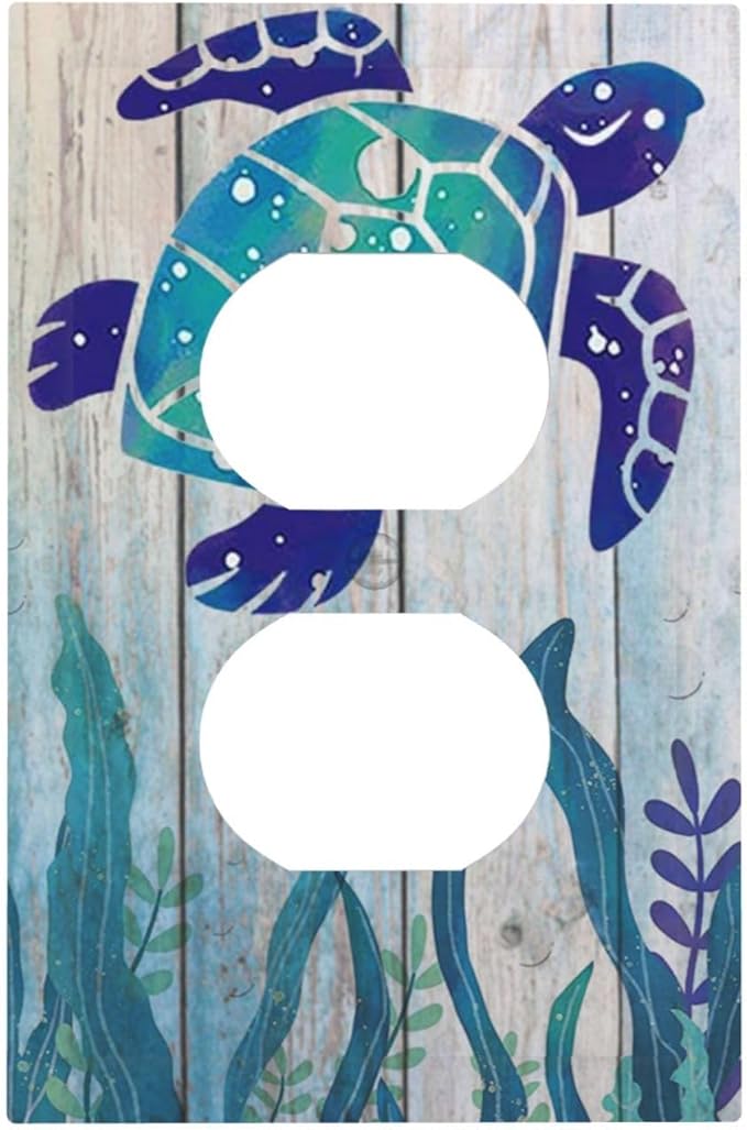 Sea Turtle Grass Seaweed on Rustic Wooden Board 1 Gang Duplex Outlet Covers Light Switch Cover Decorative Electrical Switchplate Ocean Grass Seaweed Faceplate for Bathroom Bedroom Home Decor
