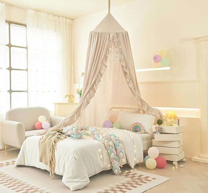Mengersi Bed Canopy for Girls,Ruffled Canopy Bed Curtains Kids Canopy for Girls Room,Hanging Canopy Princess Play Tent for Reading Nook Play Room Decor (Ivory)
