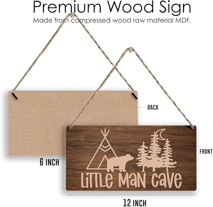 Little Man Cave Sign Woodland Nursery Wall Decor for Baby Boys Nursery Room Decor for Boys Bedroom Farmhouse Sign Rustic Bear Forest Animal Signs 12 × 6 Inch（Wood 4008）
