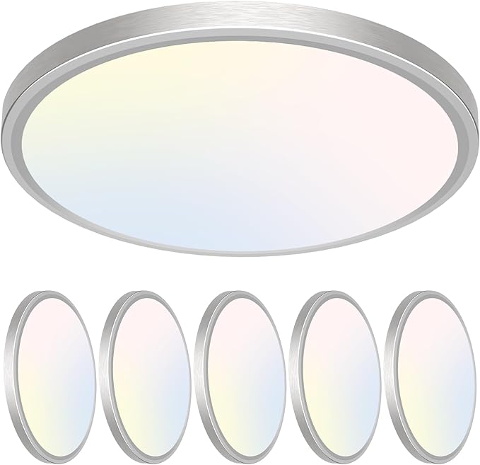 Libtit 7 Inch Nickel Brushed Flush Mount Ceiling Light, 15W, 6 Pack, 3000K/4000K/6500K Color Selectable, Ultra-Thin Round Ceiling Lighting Fixture for Bedroom, Kitchen, Pantry