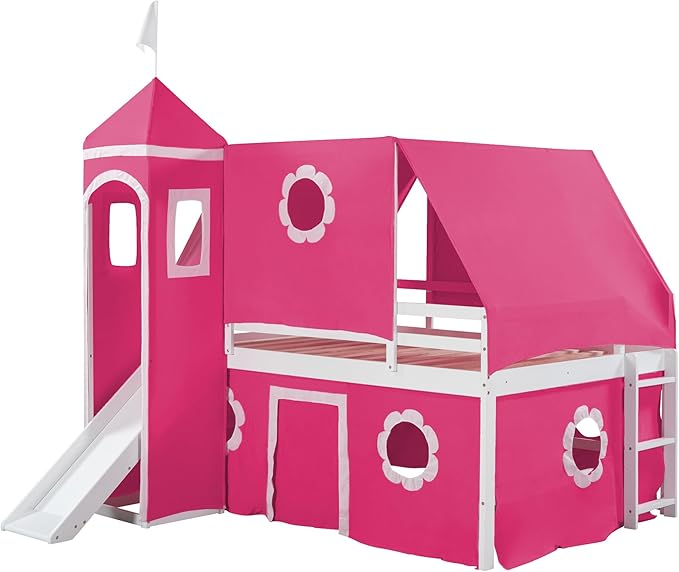 Full Size Low Loft Bed with Slide & Tent and Tower, Playhouse Design Solid Wood Tent Bed Frame for Kids Boys Girls, Versatile Spacious Under Bed Space with Curtains (Pink-FF)