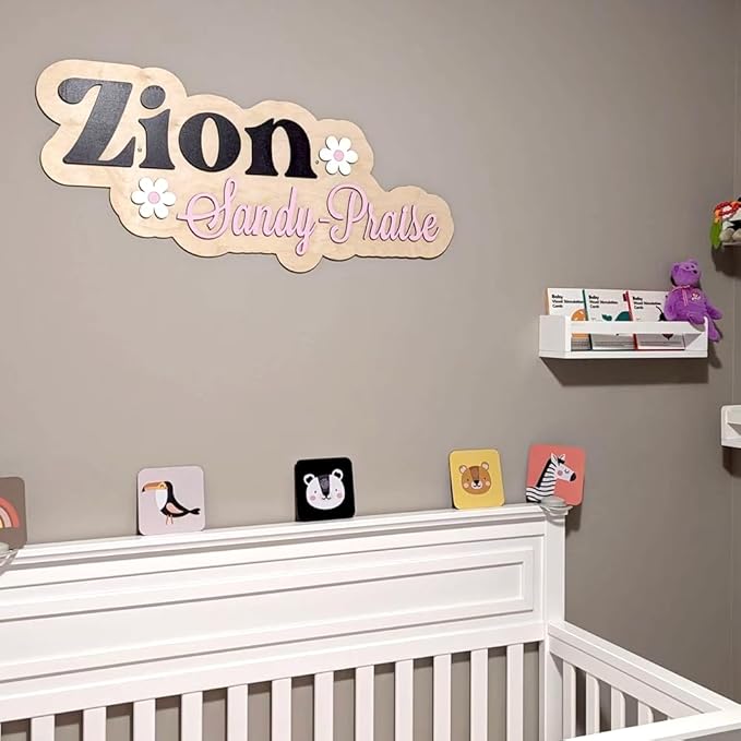 Personalized Nursery Name Sign, Custom Wooden Name Sign with Flowers, 3D Layered Wood Wall Decor for Baby Girl Room, Boho Floral Kids Room Name Plaque, 2 Layer /1