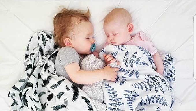 Margaux & May Organic Muslin Swaddle Blankets 2 Pack - 100% Organic, Large 47x47 Inches, Breathable Baby Blankets, Blue Fern and Green Feather
