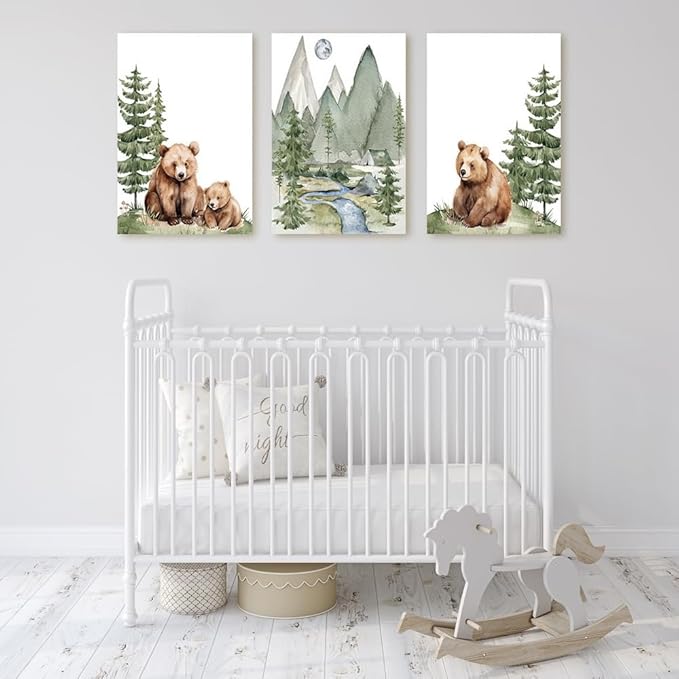 Baby Bear Nursery Wall Art, Cute Bears Wall Decor, Watercolor Green Mountain Forest Wall Art, Woodland Camping Nursery Decor Print, Nature Art for Boy Girl Toddler Bedroom, Framed Canvas, 16"x24"x3