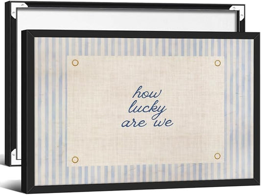 How Lucky Are We Quote Wall Art Navy Blue Positive Affirmations Poster 16x24 inch Black Framed Trendy Minimalist Aesthetic Canvas Prints for Dorm Bedroom Wall Decor
