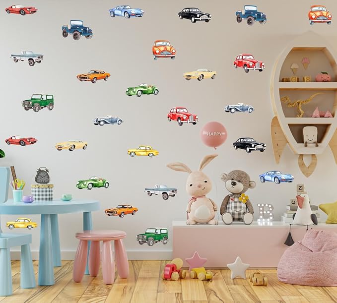 Watercolor Classic Car Wall Stickers, Retro Racecar Off-Road Vehicle Vinyl Wall Decals, Removable Vintage Car Artwork Wall Art for Boys Bedroom Playroom Decor