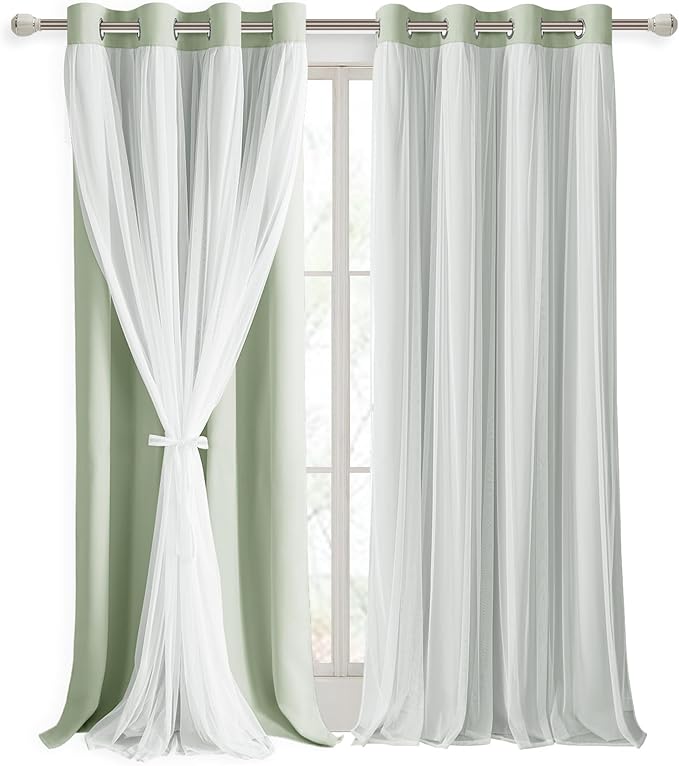 DWCN Layered Curtains for Living Room Blackout and Sheer Curtains with Tiebacks Grommet Top Window Treatments with Sheer Overlay for Bedroom, 52 W by 96 L, Seafoam, 2 Pieces