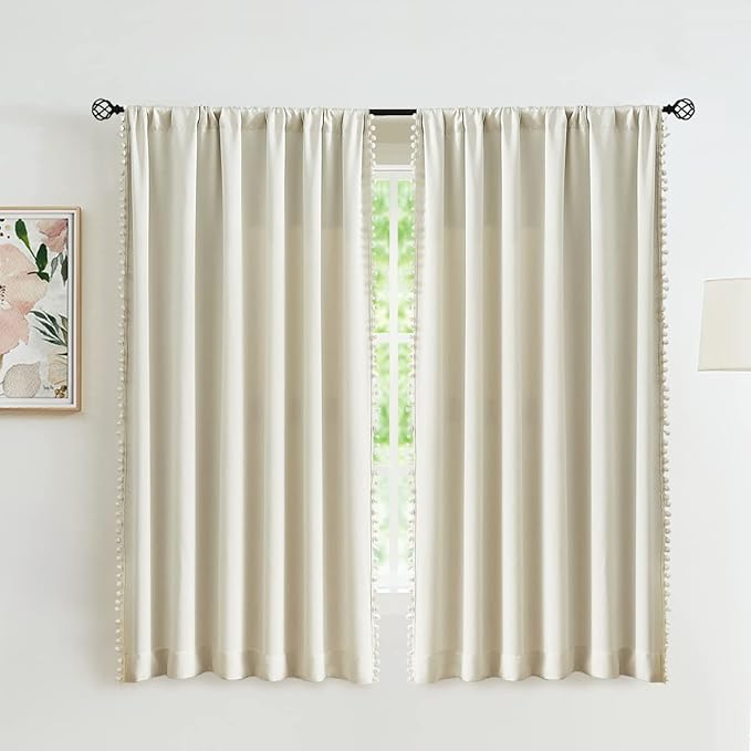 Treatmentex Pom Pom Curtains for Living Room 63 inch Natural Thermal Insulated Room Darkening Curtain Panels for Bedroom Window Drapes Nursery Kids Guest Room Hotel Ivory 52" w x2 Panels Rod Pocket