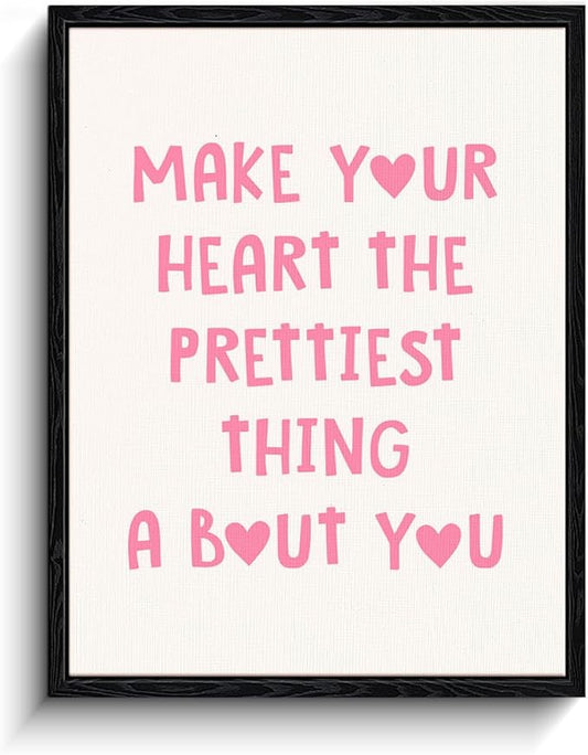 Motivational Quote Wall Art, kind heart message, pastel minimalist wall decor, matte finish framed canvas print, positive affirmation poster artwork, for girls room dorm gift, 12x15 inch