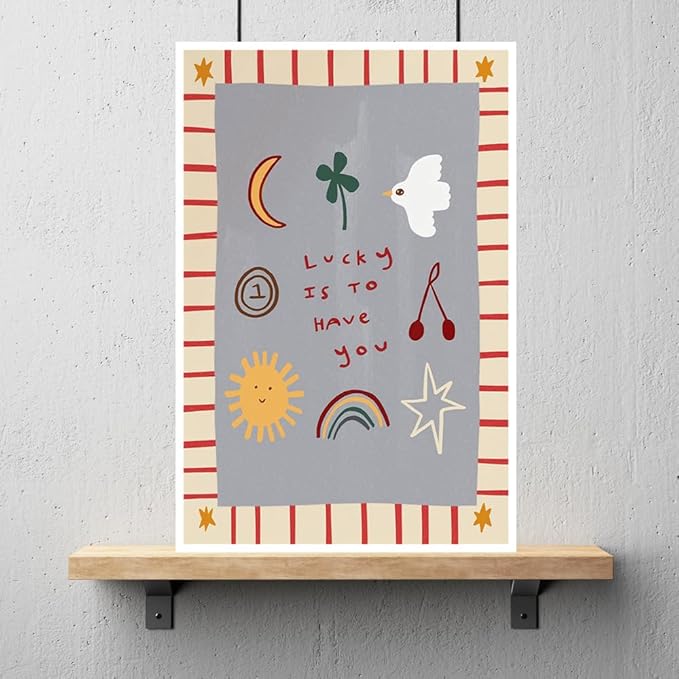 Colorful Cute Cartoon Posters Lucky Is To Have You Inspirational Wall Art Boho Nursery Positive Affirmations Canvas Minimalist Prints Decor Pictures for Kids Bedroom Playroom 12x16inch Unframed