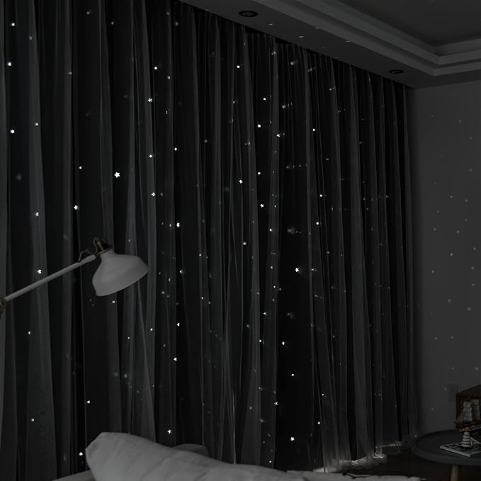 Kinryb Kids Blackout Curtains for Bedroom/Living Room/Classroom, Sheer Overlay 2 Free Tiebacks, Double Layer Curtains with Star Cutout for Kids Room(Each Piece W 70 x L 84 Inches 2 Pcs Black)
