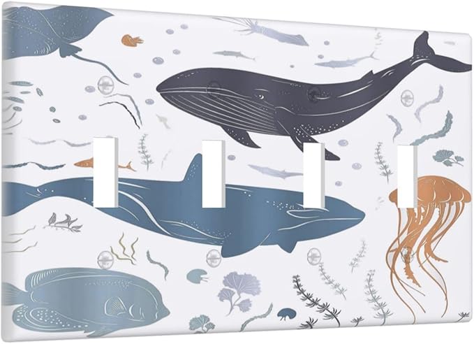 Kids Sea Animal Decorative 4 Gang Decorative light switch plate Quad Toggle Wall Plate Covers Switchplate Electrical Faceplate for Nursery Kidsroom Bedroom Decor