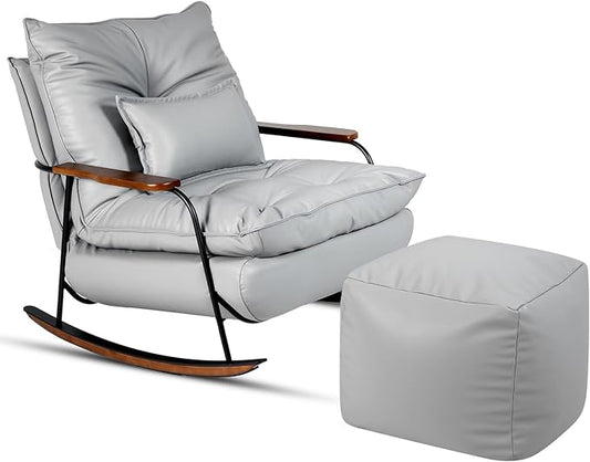 ZYZ Rocking Chair with Ottoman and Pillow, Mid-Century Modern Recliner, Reclining Nursery Rocker, Wood Armchair, 25° Rocking Motion, Lazy Sofa for Living Room Bedroom Balcony, PU Leather (Creamy Grey)