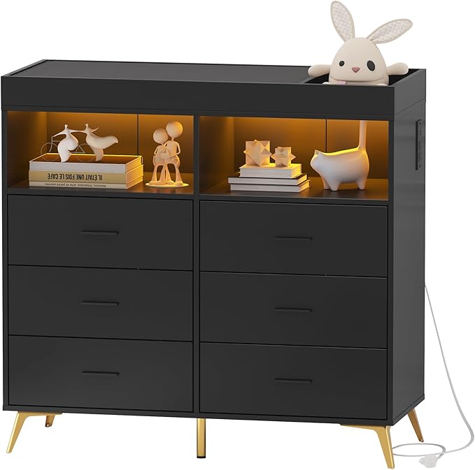 Dresser for Bedroom with LED Lights and Power Outlet, Baby Changing Table Dresser with 6 Drawers, 2 Open Storage Shelves, Baby Diaper Station with Changing Table Top (Black)