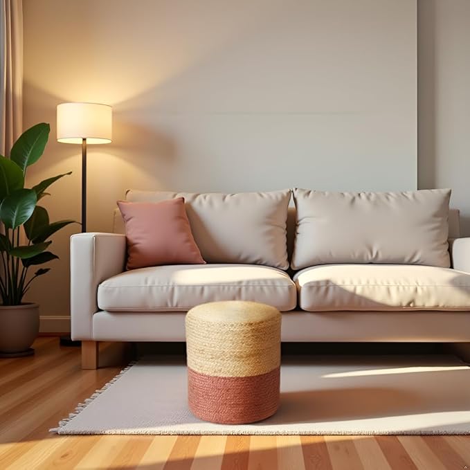 REDEARTH · Cylindrical Pouf Foot Stool Ottoman - Jute Braided Pouffe Poof Accent Sitting Footrest for Living Room, Bedroom, Nursery, Patio, Lounge (Natural Rust, 14.5"X14.5"X16")