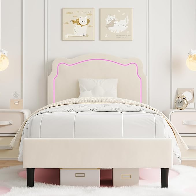 GarveeHome Twin Upholstered LED Bed Frame with Headboard, Velvet Princess Platform Bed Frame for Kids, Wooden Slats Support, No Box Spring Needed (Beige, Twin)